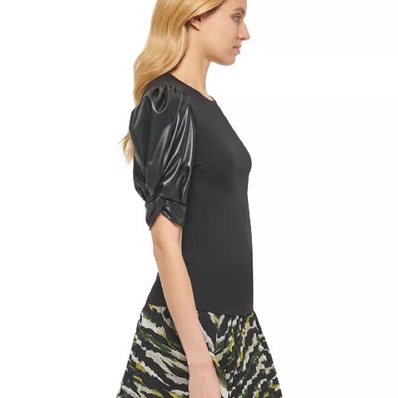 NWT DKNY Women's Faux-Leather Puffed-Sleeve Top. - Picture 3 of 5